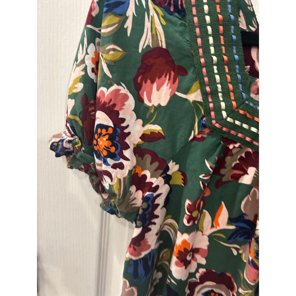 Style & Co Blouse Green Floral Embroidered Square Neck Puff Sleeve Boho Top - Picture 3 of 6